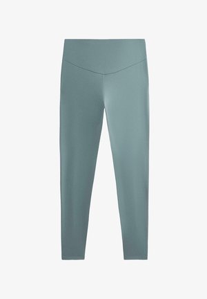 Sportliche Leggings in einem hellen Türkis. Hergestellt aus glattem Stoff mit hohem Bund und enger Passform. Keine sichtbaren Muster oder Verzierungen.