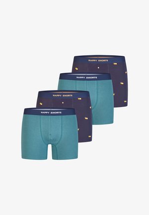 Quatre paires de boxers pour hommes dans des teintes variées de teal et de marine, arborant de petits motifs d'agrumes orange et des ceintures élastiques étiquetées "HAPPY SHORTS."