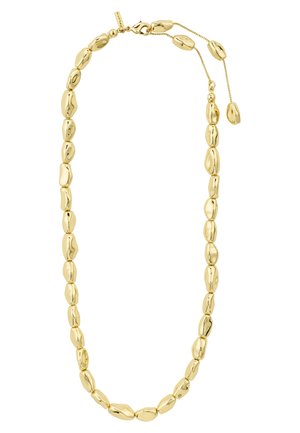 Collana di perline dorate con perline ovali irregolari e catena con chiusura regolabile su sfondo bianco.