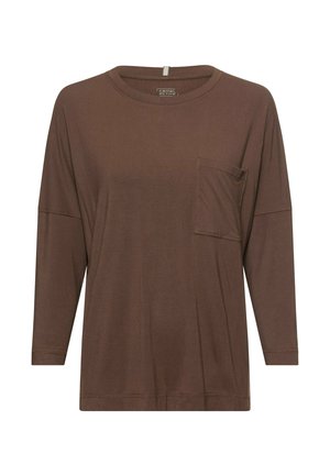 Long-sleeve brown shirt with a round neckline and a chest pocket on the left side, made of soft fabric.