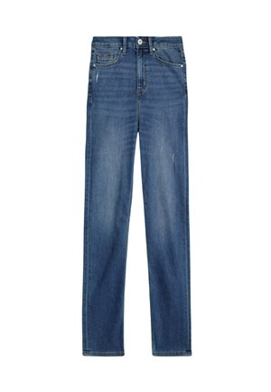 Donkerblauwe denim jeans met een rechte pasvorm, met voorzakken, een achterzak en subtiele vervagingseffecten.