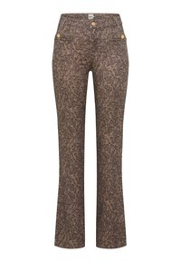 Leopardprint flared broek in bruintinten, gemaakt van gestructureerde stof. Beschikt over twee voorzakken met goudkleurige hardwareaccenten.