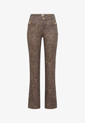 Leopard print flared pants in brown tones, made of textured fabric. Features two front pockets with gold-colored hardware accents.