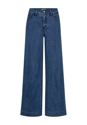 Blauwe high-waisted wijde jeans met voorzakken, dubbele knoopsluiting en zichtbare stiksels op een witte achtergrond.