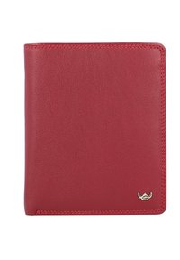 Portefeuille en cuir rouge, texture lisse, design bi-fold, avec des coutures visibles et un petit accent en métal dans le coin inférieur droit.