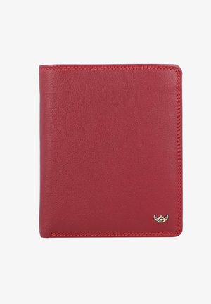 Portefeuille en cuir rouge, texture lisse, design bi-fold, avec des coutures visibles et un petit accent en métal dans le coin inférieur droit.