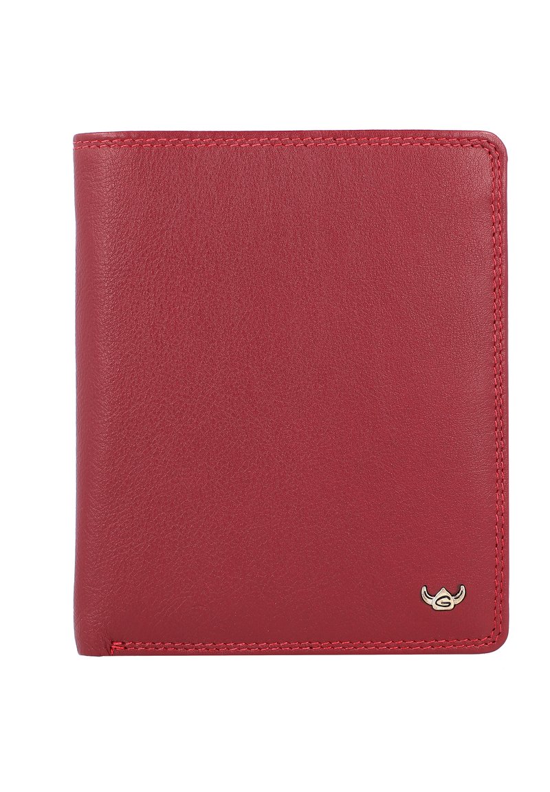 Portefeuille en cuir rouge, texture lisse, design bi-fold, avec des coutures visibles et un petit accent en métal dans le coin inférieur droit.