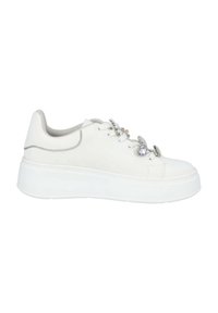 White leather sneaker with a thick white sole, lace-up design, and decorative accents, including jewels on the front. Smooth texture.