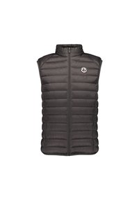 Smanicato imbottito trapuntato grigio scuro senza maniche con collo alto, cerniera frontale, due tasche laterali e logo circolare sul petto sinistro.