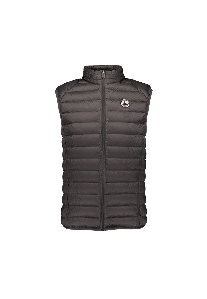 Smanicato imbottito trapuntato grigio scuro senza maniche con collo alto, cerniera frontale, due tasche laterali e logo circolare sul petto sinistro.
