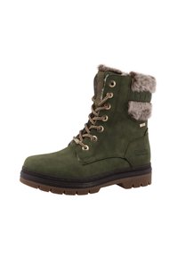 Green suede ankle boot with faux fur trim, metallic eyelets, and brown rubber sole. Features lace-up design and embossed logo on the side.