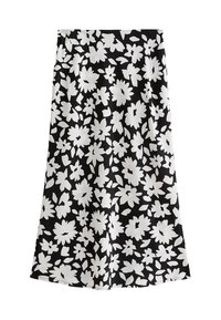 Jupe noire ornée de grands motifs floraux blancs, confectionnée en tissu lisse avec une coupe fluide et une silhouette droite.