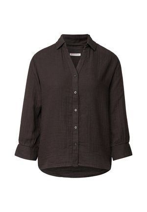 Dark brown, long-sleeve, button-up shirt made of textured fabric. Features a collar, drop shoulders, and a curved hem.