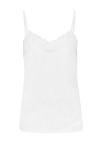 Weißes Top mit Spitze am Saum, dünnen Trägern, einer weichen Stoffbeschaffenheit und einem figurschmeichelnden Design mit V-Ausschnitt.