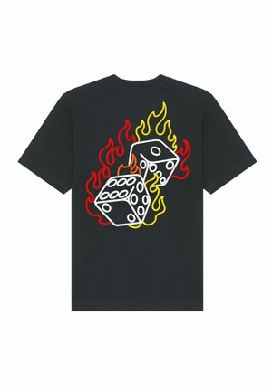 Black t-shirt featuring a graphic of two white dice surrounded by red, orange, and yellow flames on the back. Short sleeves, crew neck design.