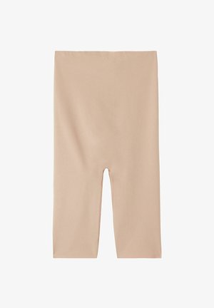 Beiga leggings gjorda av mjukt tyg, med en medelhög midja och en åtsittande silhuett som sträcker sig till mitten av vaden.