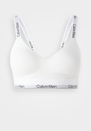 Witte bralette met brede bandjes en een herhaald logo. Glad materiaal, V-hals ontwerp en een elastische band met merknaam in het zwart.