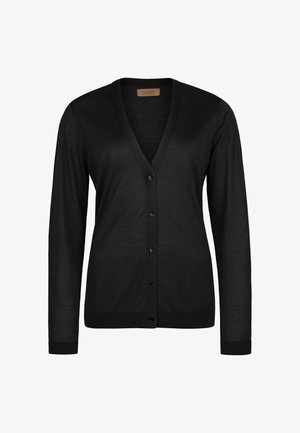 Schwarzer V-Ausschnitt Langarm-Cardigan mit fünf Knöpfen vorne und gerippten Bündchen und Saum.