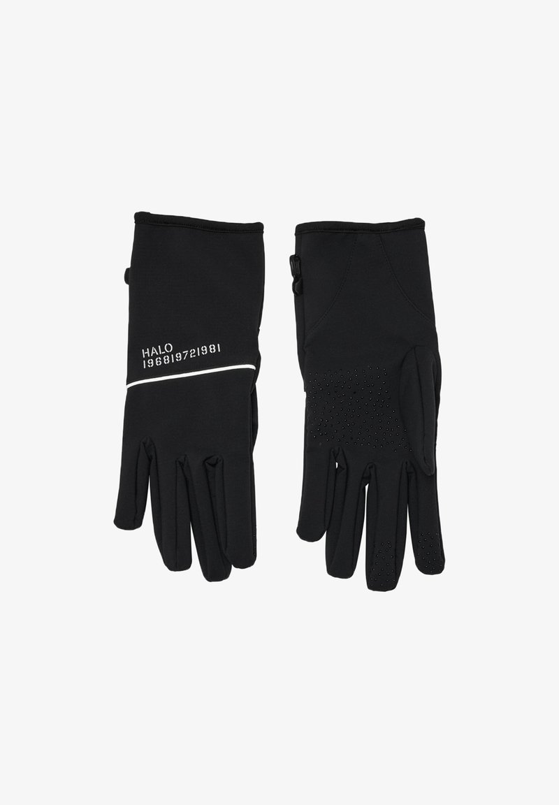 Svarta handskar med passform och texturerat grepp på handflatorna samt reflekterande detaljer, märkta med "HALO 196819721981." Idealiska för utomhusaktiviteter.