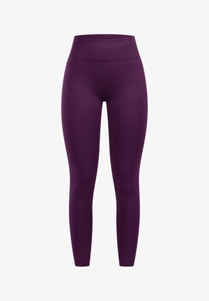 Lila Leggings mit einem hohen, elastischen Bund. Hergestellt aus einem glatten, dehnbaren Stoff, mit einer körpernahen Passform und einem langen Schnitt.