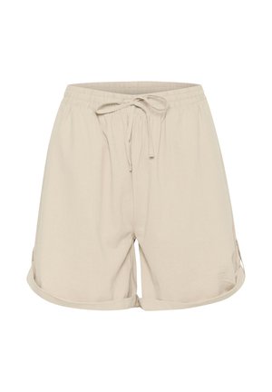Beige cotton shorts with an elastic waistband and drawstring. Rolled hems and side tabs for adjustability. Lightweight fabric, relaxed fit.