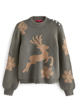 Pull de Noël gris en maille avec motifs beige de rennes et flocons de neige, poignets et bas côtelés, et boutons décoratifs à l'épaule.