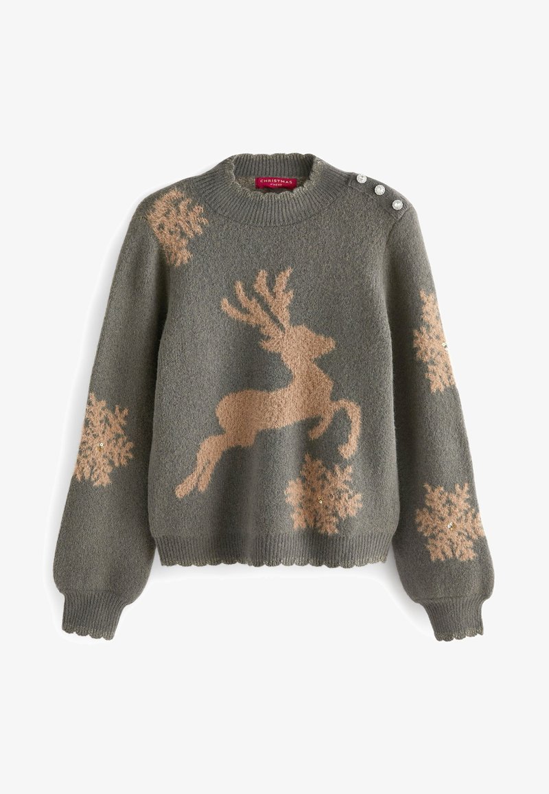 Pull de Noël gris en maille avec motifs beige de rennes et flocons de neige, poignets et bas côtelés, et boutons décoratifs à l'épaule.
