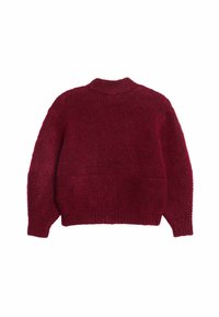 Burgundské pletené svetřík s texturovaným povrchem, s dlouhými rukávy a kulatým výstřihem. Spodní lem a manžety mají žebrované detaily.