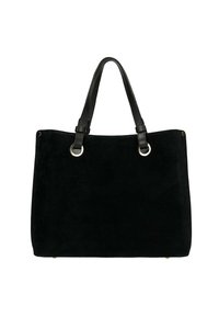 Borsa a mano in suede nero con due manici in pelle nera texture e accessori circolari in argento. Fondo robusto con dettagli dorati. Design semplice.