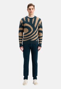 Knit sweater in dark teal and beige with abstract swirl pattern. Long sleeves, ribbed cuffs, and hem. Paired with dark pants and sneakers.