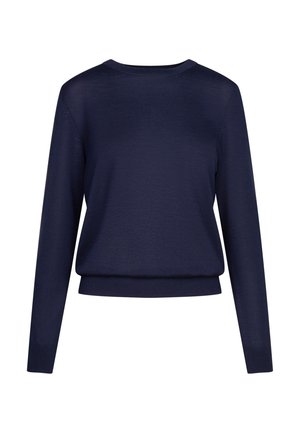 Marineblauwe langemouwtrui met een ronde hals, zachte textuur en een relaxed fit. Geen zichtbare patronen of hardwaredetails.