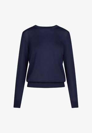 Marineblauwe langemouwtrui met een ronde hals, zachte textuur en een relaxed fit. Geen zichtbare patronen of hardwaredetails.