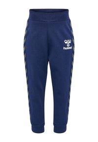 Marineblaue Jogginghosen mit elastischem Bund, seitlichen grünen Streifen und weißem Logo-Druck. Weicher Stoff mit schmal zulaufendem Bein.