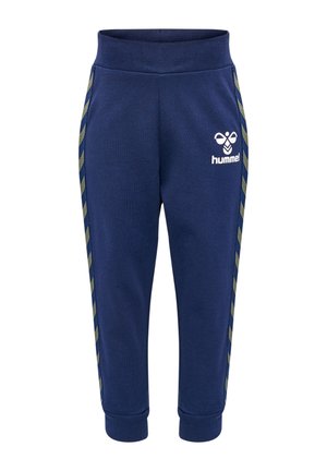 Marineblauwe trainingsbroek met elastische tailleband, zijkanten met groene strepen en witte logoprint. Zacht materiaal met een taps toelopend ben ontwerp.