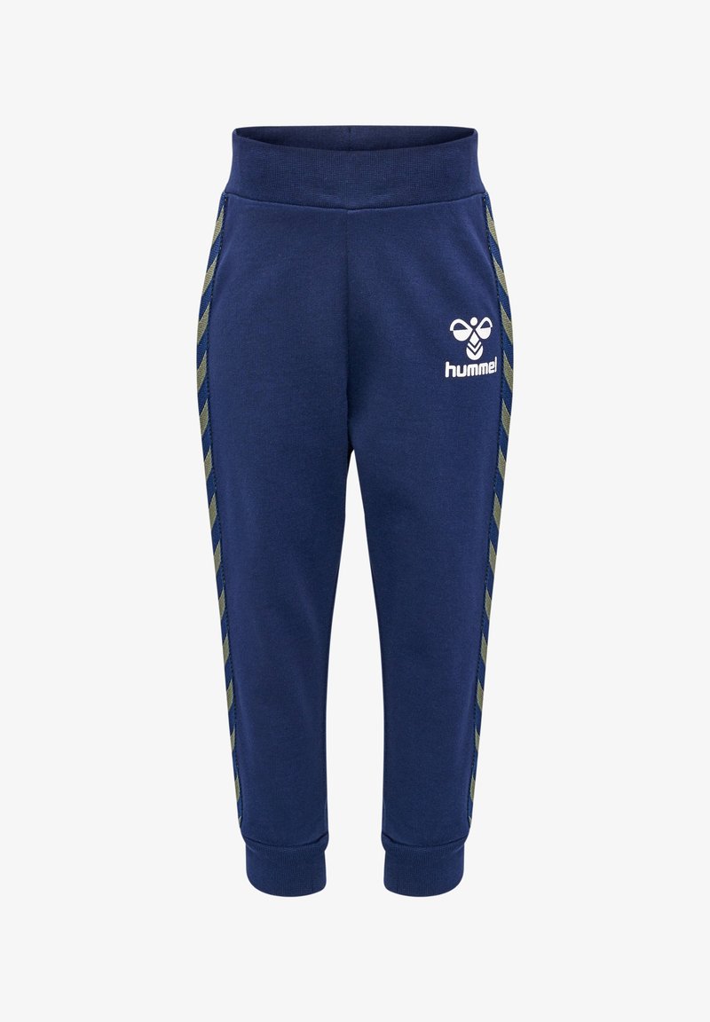 Marineblaue Jogginghosen mit elastischem Bund, seitlichen grünen Streifen und weißem Logo-Druck. Weicher Stoff mit schmal zulaufendem Bein.