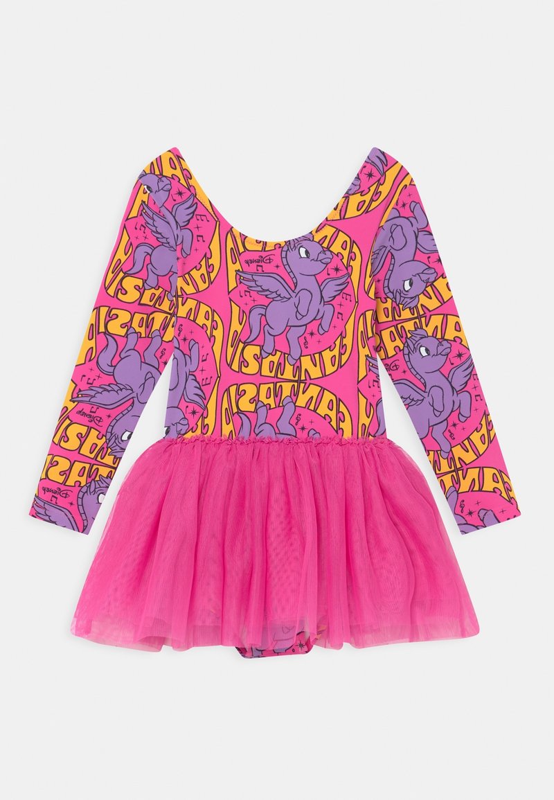 Body a maniche lunghe rosa per bambina con motivo di cavallo alato viola e gonna tutù in tulle rosa acceso attaccata.