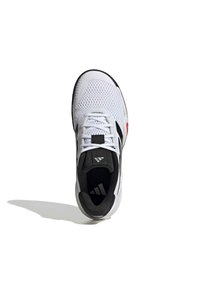 White athletic shoe with mesh upper, black accents, padded collar, and rubber sole. Laces are white, featuring a logo on the tongue.