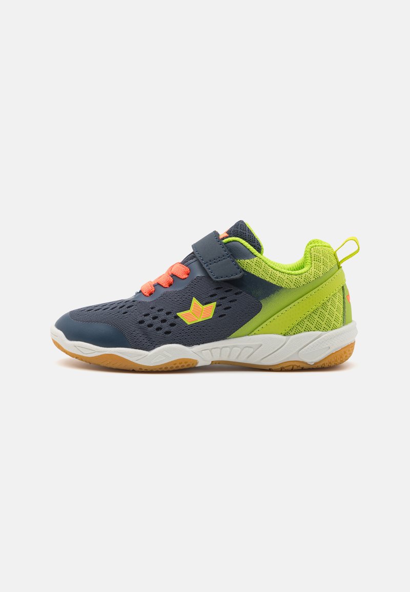 Children's athletic shoe, navy and lime green, mesh upper, perforated design, rubber sole, adjustable strap, and contrasting orange laces.