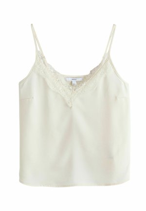 Cămașă de noapte din satin crem cu dantelă la decolteul în V și bretele subțiri ajustabile tip spaghetti.