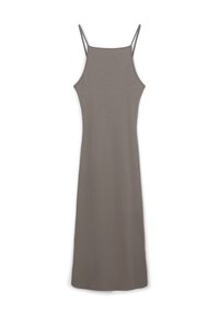 Robe grise sans manches avec fines bretelles, fabriquée en tissu doux. Design simple avec une coupe droite et un ourlet au genou.