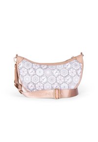 Beige and white shoulder bag with a geometric pattern, a curved shape, metal hardware, and a logo on the strap. Smooth texture.