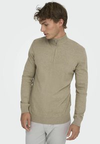 Beige Zip-Hals-Pullover mit langen Ärmeln und gerippten Bündchen, aus einem weichen Strickstoff gefertigt. Verfügt über eine dezente Textur und eine schmale Passform.
