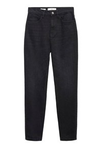 Black denim jeans with a straight cut, five-pocket design, and a button closure. The fabric has a smooth texture with a slight sheen.