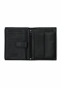 Czarny skórzany portfel z ochroną RFID. Zawiera kieszonki na karty, przegrodę na zamek oraz gładką teksturę. Prosty, funkcjonalny design.