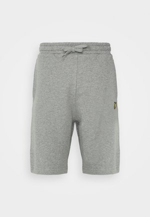 Grå bomullsblandning shorts med elastisk midja, justerbar dragsnöre och en liten gul logotyp på vänster sida. Slät textur, knälängd.