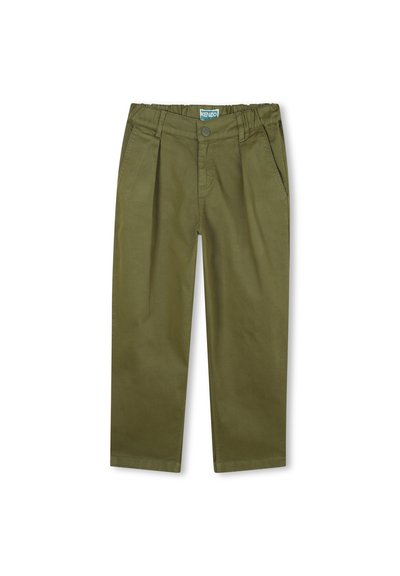 Pantaloni di cotone verdi con una vestibilità rilassata, dotati di pieghe frontali, tasche laterali e una vita elasticizzata per il massimo comfort.