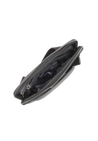 Portafoglio in pelle nera con chiusura a zip, dotato di diversi scomparti per carte e una piccola tasca con zip, foderato con tessuto scuro.