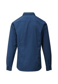 Marineblå langermet skjorte med rett snitt, standard krage og knappede mansjetter. Jevn stofftekstur uten synlige mønstre.