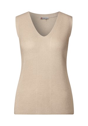 Beige ärmelloses Top mit V-Ausschnitt, gerippter Textur und vertikalen Strickdetails. Hergestellt aus einem weichen, dehnbaren Stoff.