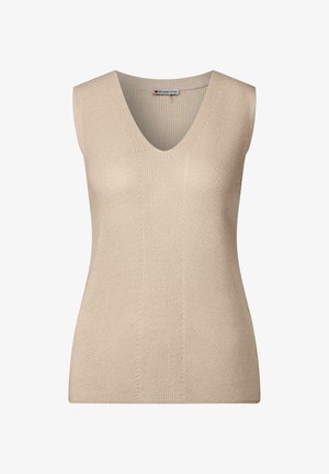 Beige ärmelloses Top mit V-Ausschnitt, gerippter Textur und vertikalen Strickdetails. Hergestellt aus einem weichen, dehnbaren Stoff.